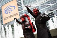Cosplayers Mrs. & Mr. Capuchino dressed as Darth Talon and Darth Maul pose during 2024 WonderCon at Anaheim Convention Center on March 30, 2024, in Anaheim, California | Image via: Getty